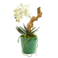 Почти естествен 11 пластмасов Полиестер мини Фаленопсис Орхидея изкуствени цветя в зелен плантатор, бял