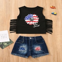 4 - ти юли екипировки с къс ръкав американски флаг оглавник тениска Топ Джин деним шорти Ден на независимостта комплект дрехи