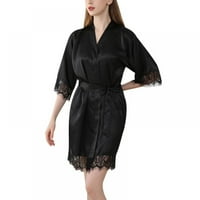 Жени секси черна коприна сатен кимоно роба дантела халат за спално облекло