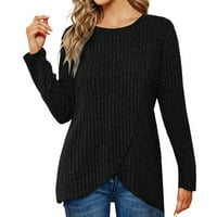 Женски ежедневни върхове с дълъг ръкав пуловер уникален дизайн на яка блуза плътно цветове тениски леки тестени V Neck Slit Tunics Модна тениска за жени