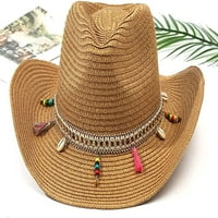 Cocopeaunts дамски слънчева шапка слама слънчева шапка UV защита слама слънце шапка мъже плаж шапка дишаща бохемска слама шапка регулируема каубойска шапка