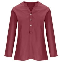 Лятна спестявания Блуза Блуза Xihbxyly Женска туника Блуза върхове Мода плюс размер плътно памучно бельо свободно ежедневно дълъг ръкав v копче за шия нагоре тениски ризи вино xl