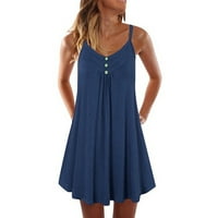 Летни рокли за жени без ръкави мини кратък темперамент A-Line Printed V-Neck Beach Dress Blue XXL