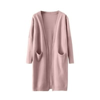 Xinqinghao Cardigan палто за жени жени зимен дълъг ръкав твърди джобове плетени дълги пуловерни палто върхове блуза жени кардиган розово m