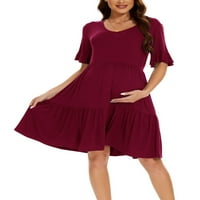 Бикопу жените лятото кратко бременност рокля Плътен цвят къс ръкав нагънат подгъва бебе душ рокля