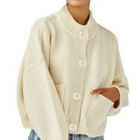 Дами моден масивен цвят със средна дължина с дълъг ръкав с висока яка плетен пуловер джобни жилетка