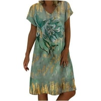 Летни рокли за жени мода къс ръкав в-врата свободен удобен причинно печат рокля зелено 6