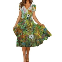 Клирънс Летни рокли за жени коляното дължина къс ръкав темперамент а-линия флорални ваканция в-врата рокля зелен ххл