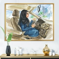 Дизайнарт 'Арабска Дама Карането На Кола' Модерна Рамка Платно Стена Арт Принт