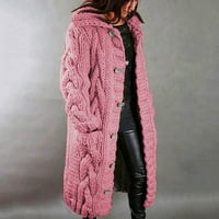 Дамски дълъг кардиган пуловери бутон надолу с дълъг ръкав кабел плетен качулка зимни топли якета палта връхни дрехи