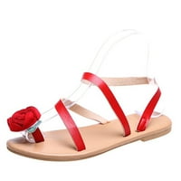 Женски червени цветя декоративни сватбени сандали, отворени пръсти за плъзгане на дантела плоски сандали, ежедневни плажни чехли на открито, модерни летни сандали римски обувки за жени