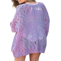 Жени плетене на една кука жилетка огромен дълъг ватинг ръкав куха плетена жилетка свободен отворен преден пуловер