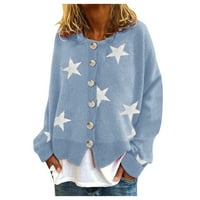 Frehsky жилетка за жени жени палто кардигани звезда печат с дълъг ръкав O-изрязан пуловер Топ дамски върхове синьо