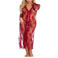 Paille жени нощни дрехи с дълъг ръкав Chemise Cardigan Lace Bedinge Robe Maxi Deep V Neck Sleepeear Gift Babydoll Wine Red XL