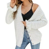 Жени v Врат Кардиган Пуловери с дълъг ръкав спуснат кабел плетен пуловер палто ежедневно бяло l