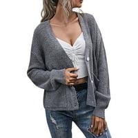 Женски жилетки плюс размер бутон с дълъг ръкав надолу отворени предни пуловери Пласивен цвят с джобни драпери