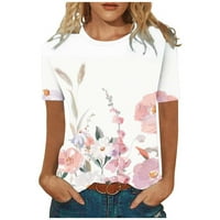 Дамски къс ръкав летни блузи цветя елегантни ризи отпечатани новост ежедневно носете свободно прилягане кръгли върхове на туниката на шията блузи