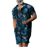 Мъжки хавайски комплекти Редовно годни 3D тропически принт Небрежен бутон надолу по блуза на ревера и къси панталони за кратки панталони Два сини m