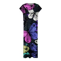 Ханас рокли Женска летна тениска за пеперуда с дълга пола с къс ръкав Crewneck Небрежно разхлабена сплит коктейл рокля тъмно лилаво s