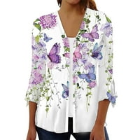 Дамски отворени предни летни жилетки Бел ръкав лек графичен флорален копче за печат нагоре риза туника яке