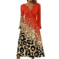 Женски средни рокли леопардови отпечатани дълги ръкави удобни ваканционни туники рокля копче екипаж ший разхлабена люлка дълга рокля червен xl