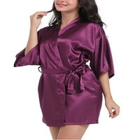 Жени халат кимоно спално облекло сатен халат нощни дрехи пижама рокля шаферка нощни логи тъмно лилави 2xl