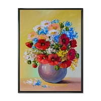 Натюрморт букет от сини и червени цветя в рамка живопис платно Арт печат