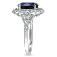Дамски 4-КТ син сапфир КТ диамант 10 КТ Бяло Злато ореол годежен пръстен