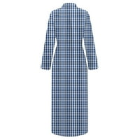 Летни рокли за жени с дълъг ръкав A-Line Дължина на глезена Модна солидна рокля с V-образно деколте синьо 2xl