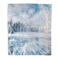 Хвърлете одеялото топло уютно печат фланелни пукнатини на синия лед замръзнало езеро в зимни планини, сняг хълмове удобно меко за диван и диван в леглото