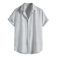Puawkoer Men Stripe Spring Summer Curndown Collar Разхлабени върхове риза с къс ръкав моден отпечатана горна риза Мъжки дрехи бяло