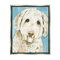 Ступел индустрии усмихнати бял териер куче портрет живопис блясък сив плаваща рамка платно печат стена изкуство, дизайн от Грейс Поп