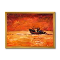 Рибарска Лодка По Време На Червено Вечерно Сияние Рамка Живопис Платно Изкуство Печат