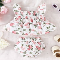 Baby Girl Summer тоалети Fly Sleeve Square Neck Floral Print Tops + Bloomer къси панталони Комплект бебешки дрехи, 3- месеца