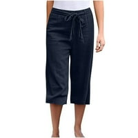 Панталони за женски ленени панталони за жени ежедневни летни еластични вратовръзки панталони широки панталони за подрязване на крака с джобове